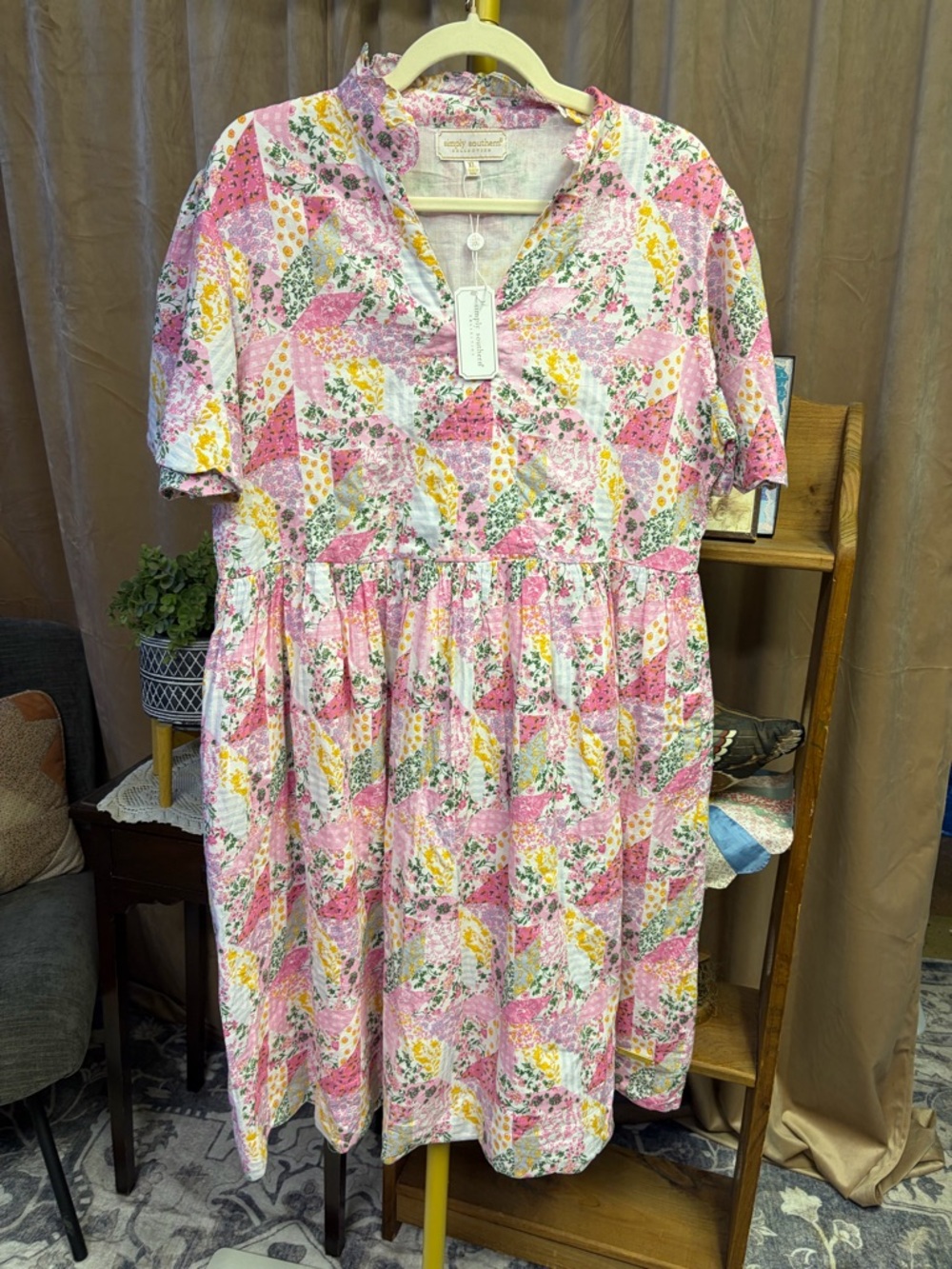 Simply Southern NWT Pink Floral Patchwork Cotton Dress